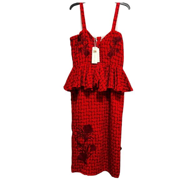 $429 Fanm Mon GULIA Corset Peplum Embroidered Tweed Midi Dress | Red Sz XL NWT - Picture 7 of 16